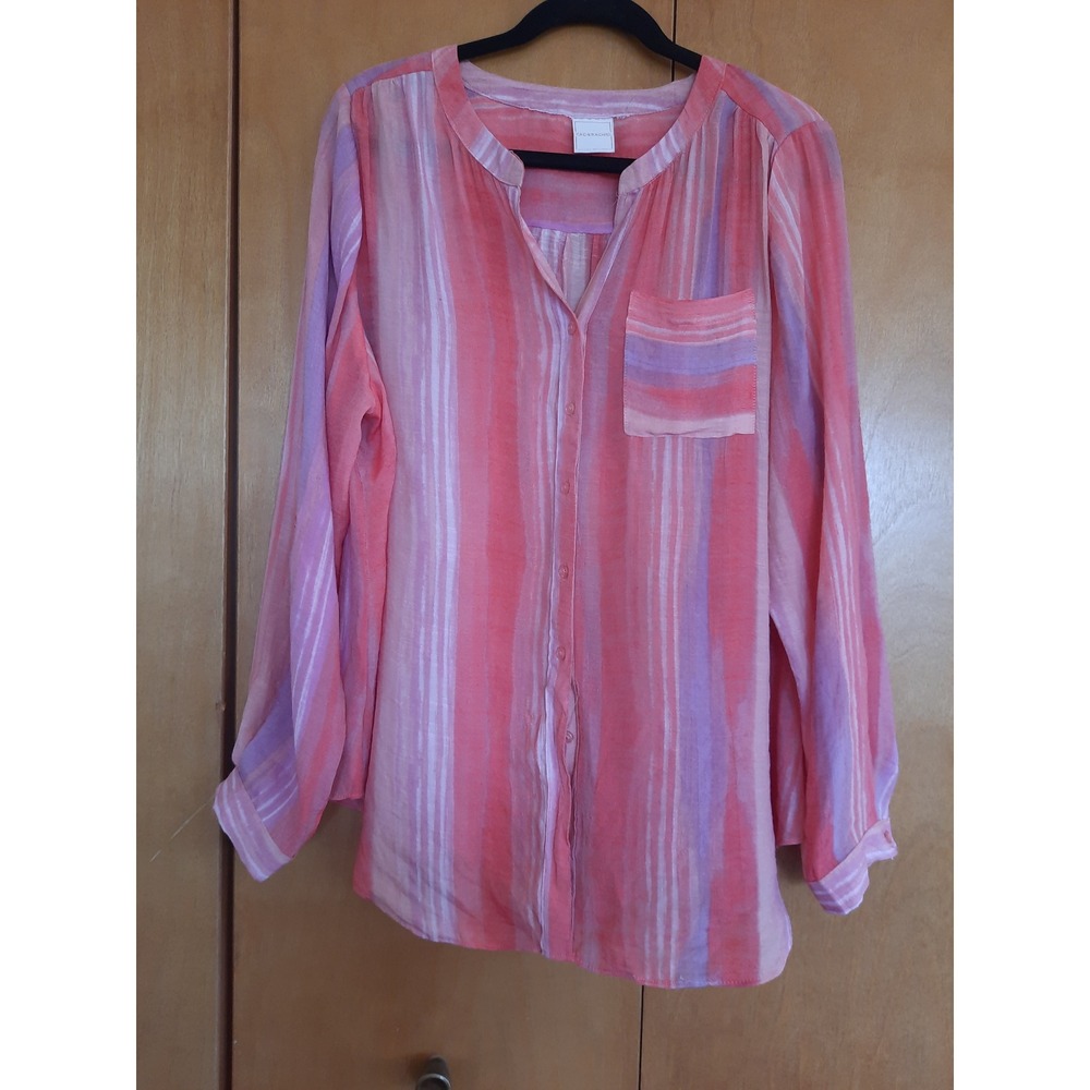 Zac & Rachel Pink Purple Striped Button Up Roll Tab Sleeve Blouse Womens Medium